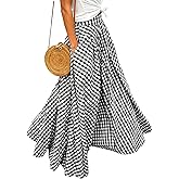 HOUZONIY Womens Plaid Gingham Maxi Skirt Elastic Waist Pleated Flared A Line Swing Summer Pull On Long Skirts with Pockets