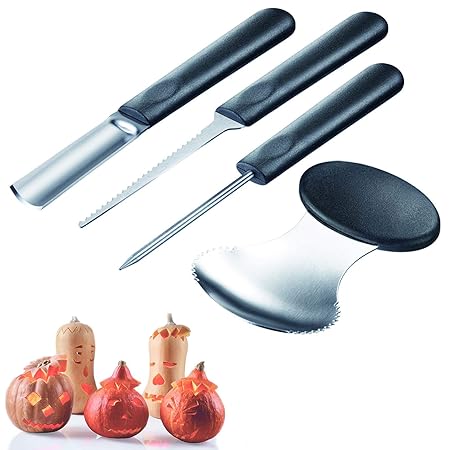 Westmark Dekorations-Schnitz-Set für Kürbisse und Melonen, 4-tlg., Mit Schnitz-Vorlagen, Rostfreier Edelstahl/Kunststoff, Hal