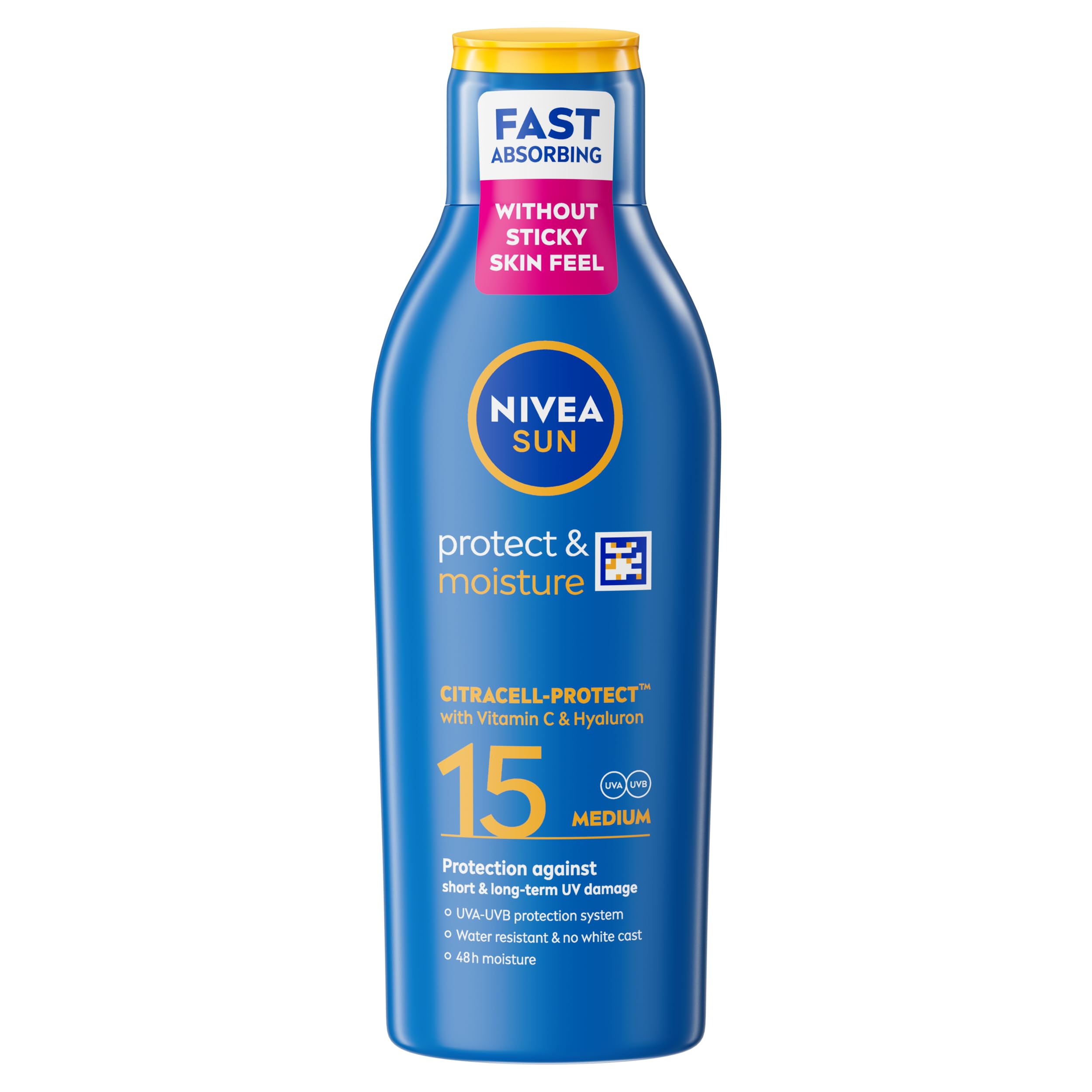 NIVEA SUN Protect & Moisture Sun Lotion SPF 15 (200 ml), Suncream with Vitamin C and Hyaluron, Provides 48H Moisture and Immediate UVA/UVB Protection, Fast-Absorbing, No White Cast Formula