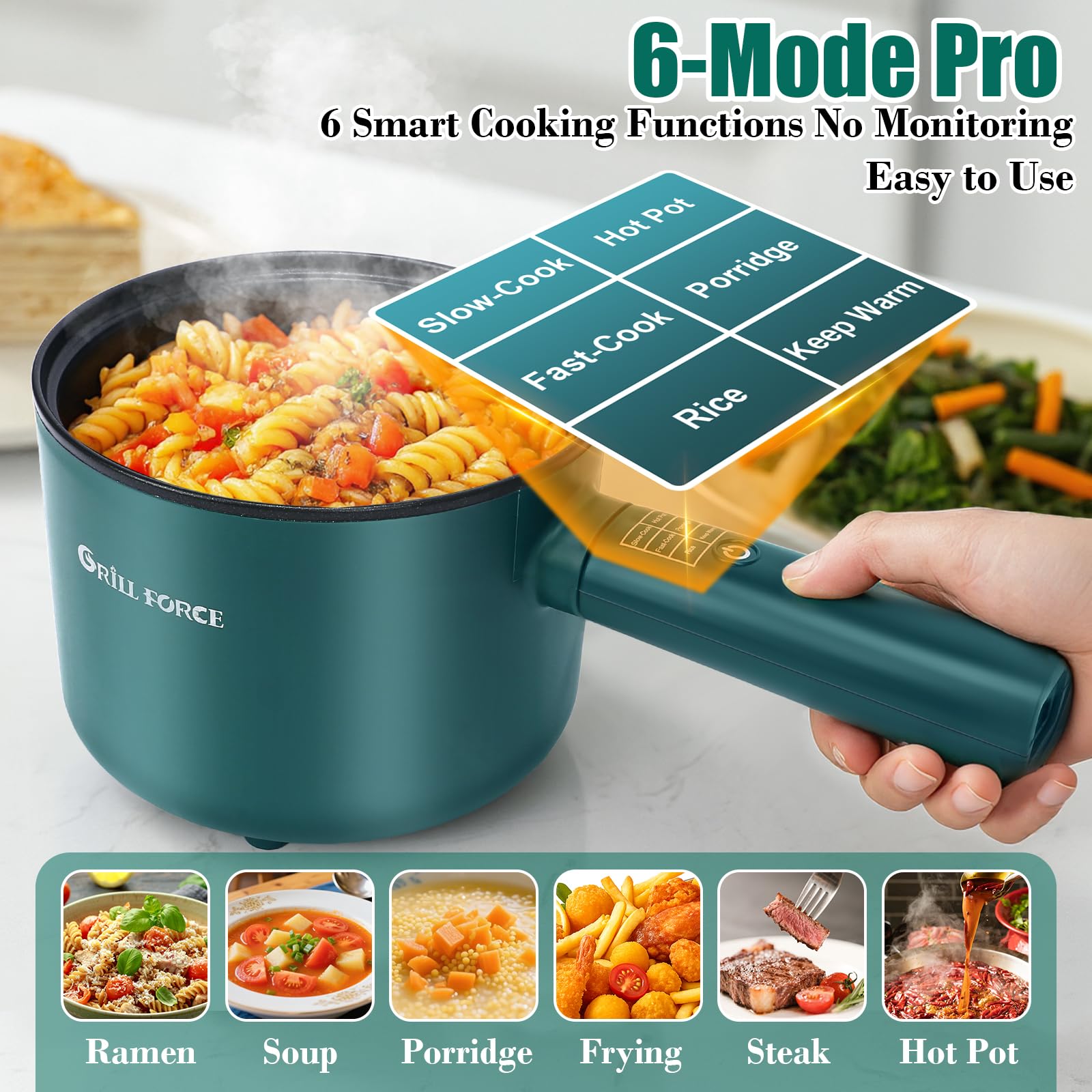 GRILL FORCE Hot Pot Electric with Steamer,6 Smart Modes, 1.8L Ramen Cooker, Portable Cooker, Non-Stick Frying Pan, Sauté Pan, Electric Pot for Pasta, Egg, Steak, BPA Free, College Dorm Room Essential