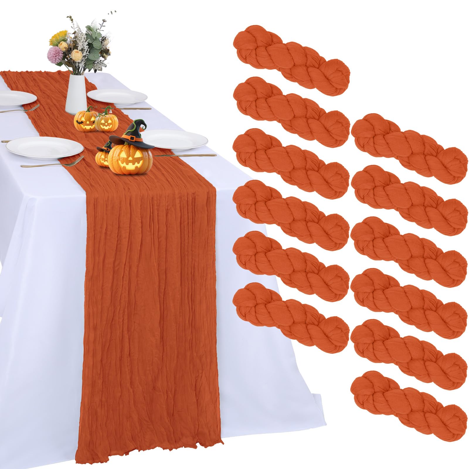 RestfulGlow 12 Pack Orange Cheesecloth Table Runner 10FT Boho Cheese Cloth Gauze Fabric Table Runner 35 x 120 Inch Rustic Sheer for Easter Spring Wedding Decor Holiday Home Baby Shower Party Image