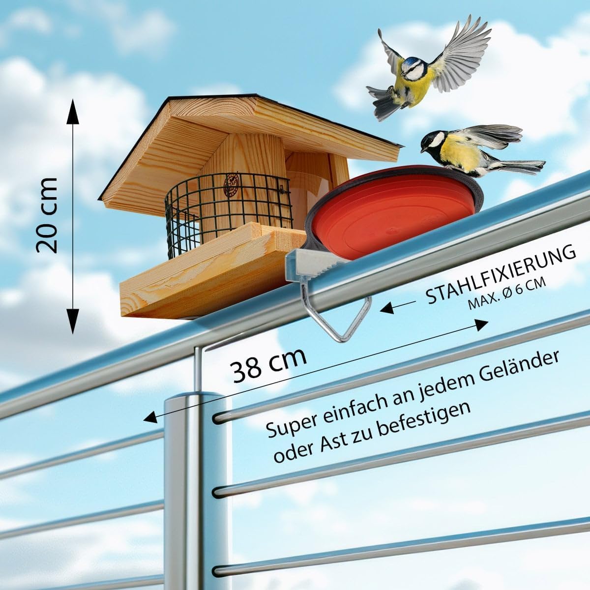 STAFECO Vogelfutterhaus Vogelhaus für Balkon wetterfest Futterhaus balkongeländer Holz imprägniert Handarbeit Gartenvögel im Garten Balkonhalterung mit Einer Größe von 30 bis 60 mm (Balkon 2) 5