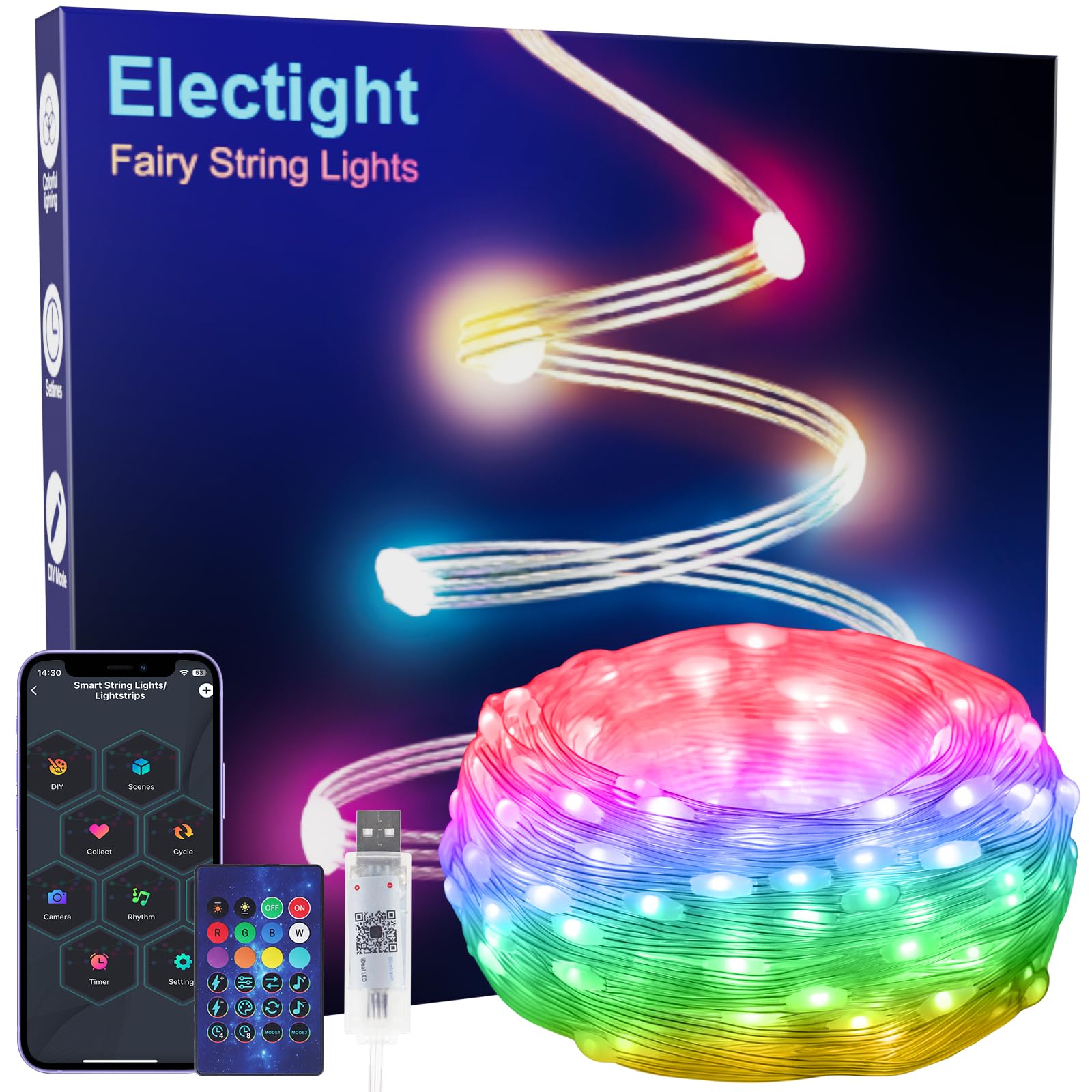 Electight RGB Smart IC Fairy Lights Multicolor 5M/16FT 50 LED, [APP Bluetooth&Remote] String Lights, USB Powered & Waterproof, Music & Voice Control for Indoor Outdoor, Bedroom, Christmas Wedding — image 1
