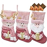 MOJDIOSM 3 Pack Pink Christmas Stockings with Gold Glitter 20 Inches Large Size 3D Santa Claus/Snowman/Elk Doll Xmas Stockings for Family Christmas Ornaments for Stairs Fireplace Hanging Decor