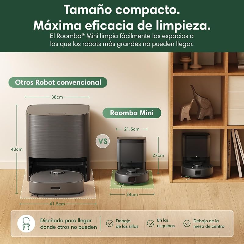 Aspirador e esfregão robô Roomba Mini com base AutoEmpty (até 90 dias), Navegação LiDAR, Sucção 7000 Pa, Design Compacto para Espaços Reduzidos, App, Esfregonas Perfumadas, Preto