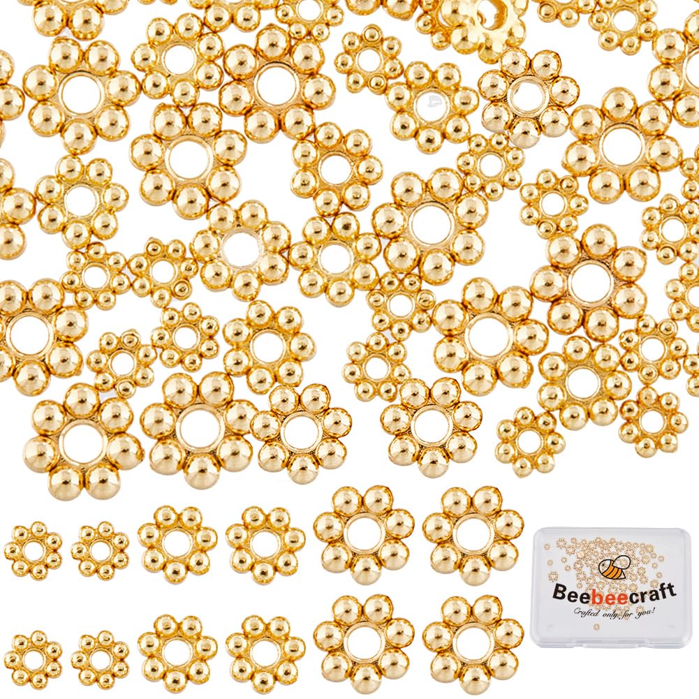 Beebeecraft 1 Box 90Pcs 3,4,5mm Flower Spacer Beads 18K Gold Plated Stainless Steel Tibetan Style Round Floral Granulated Loose Beads with Large Hole for DIY Craft Bracelet Jewellery Making