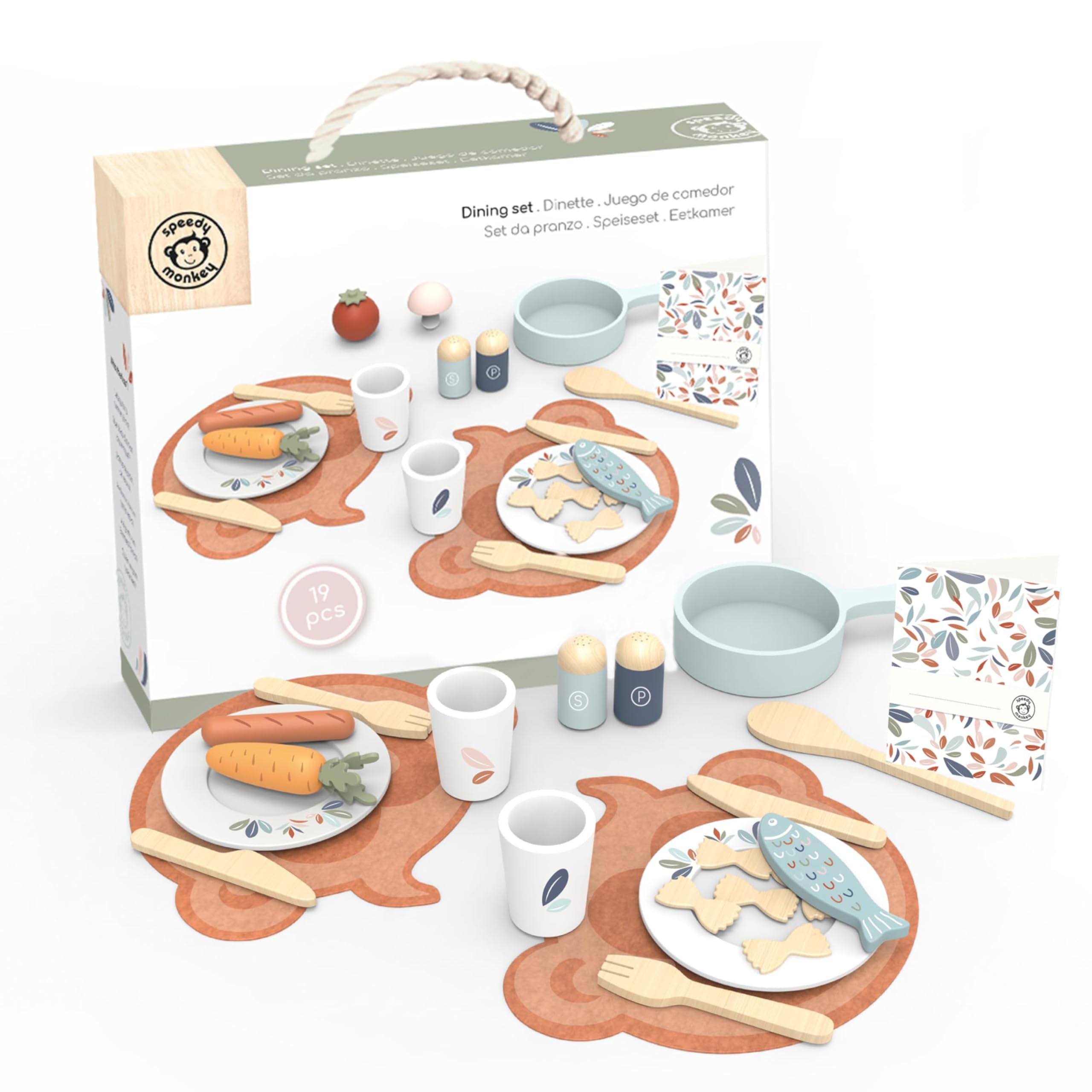 Speedy Monkey Wooden Dining Set - Cute 19-Piece Educational Wooden Toys Set | Beautiful Kitchen Accessories | Sustainable & Safe Kids Kitchen Accessories. Safe, Smooth Edges Non Toxic Paint