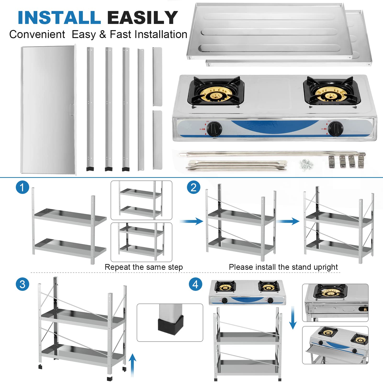 Propane Gas Stove 2 Burner Gas Stove with Removable Leg Stand Portable Gas Stove Auto Ignition Camping Dual Burner LPG for RV, Apartment, Outdoor