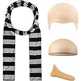 4 Pcs Adults Costume Accessories Set, Black Gray Striped Scarf Fake Nose Latex Bald Head Wig Cap, Cosplay Classic Characters Gru Halloween Party Set
