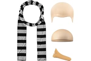 4 Pcs Costume Accessories Set, Black Gray Striped Scarf Fake Nose Latex Bald Head Wig Cap, Cosplay Gru Halloween Party Set