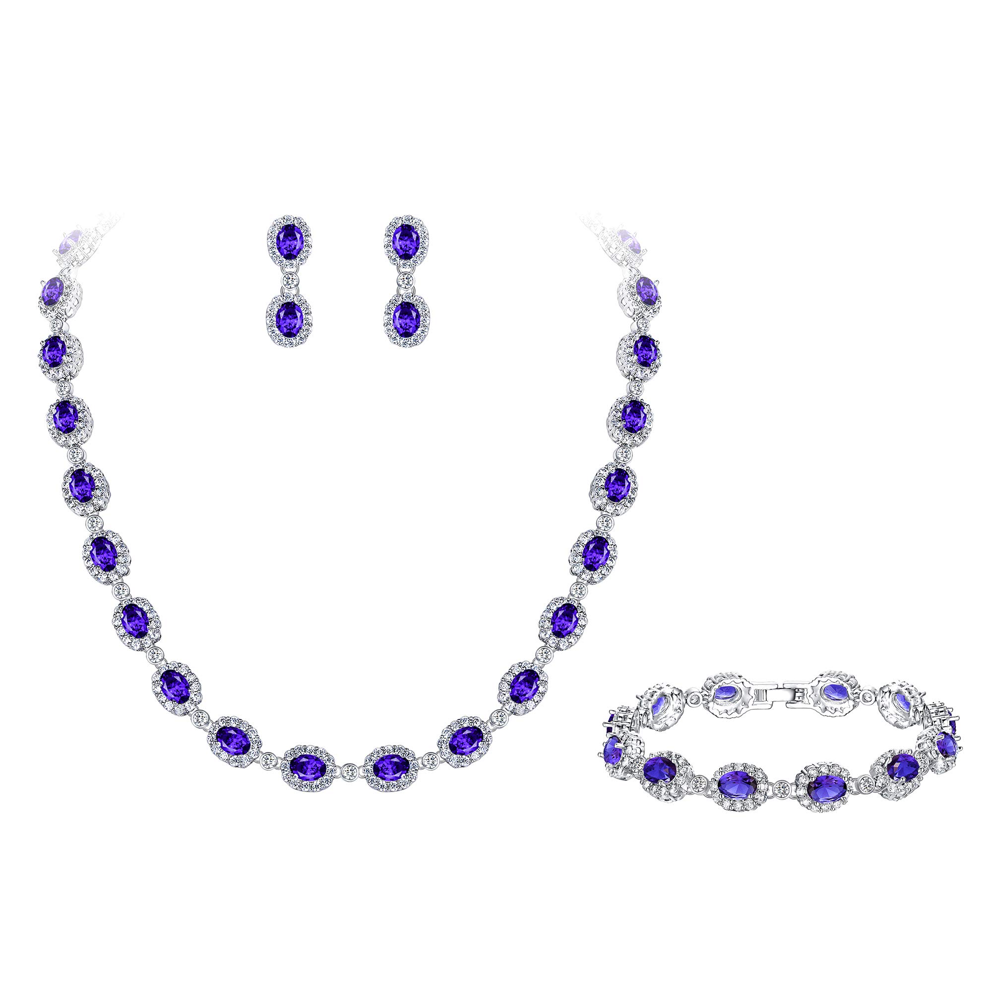 Ever Faith Women's CZ Wedding Bridal Oval Teardrop Necklace Earrings Bracelet Set Purple Silver-Tone