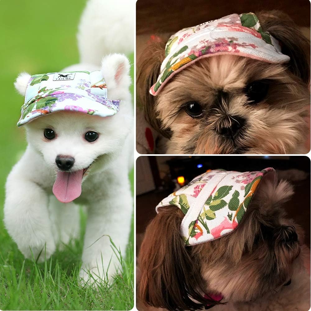 Dog Hat-Pet Baseball Cap/Dogs Sport Hat/Visor Cap with Ear Holes and Chin Strap for Small Dogs (Size S, Flowers) by Happy Hours : Pet Supplies