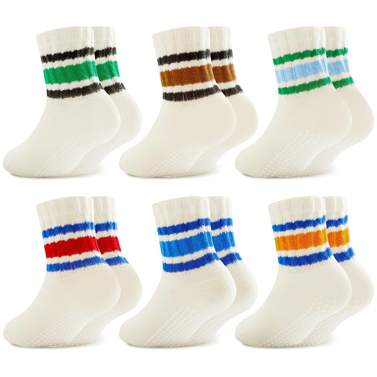 BONANGEL Baby Socks with Grips, 6 Pairs Non Slip Cotton Stripe Crew Socks for Toddler Girls Boys Infants Kids 0-5 Years Old