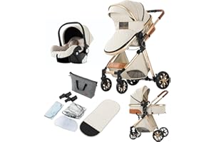 REENBORN 3 in 1 Baby Travel System, Reversible Baby Stroller, Pushchair Luxury Baby High Landscape Pram, Portable Standard Pram Buggy, Foldable Baby Carriage for Newborn Toddler (MGV9-WHITE Without Base)