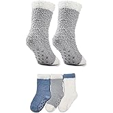 Zando 3 Pairs Kids Fuzzy Socks with Grips Non-Slip Girls Boys Slipper Socks Warm Cozy Fluffy Winter Toddler Crew Sock