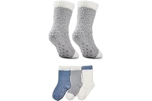 Zando 3 Pairs Kids Fuzzy Socks with Grips Non-Slip Girls Boys Slipper Socks Warm Cozy Fluffy Winter Toddler Crew Sock