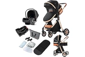 REENBORN 3 in 1 Baby Travel System, Reversible Baby Stroller, Pushchair Luxury Baby High Landscape Pram, Portable Standard Pram Buggy, Foldable Baby Carriage for Newborn Toddler (UDV9-BLACKGOLD with Base)