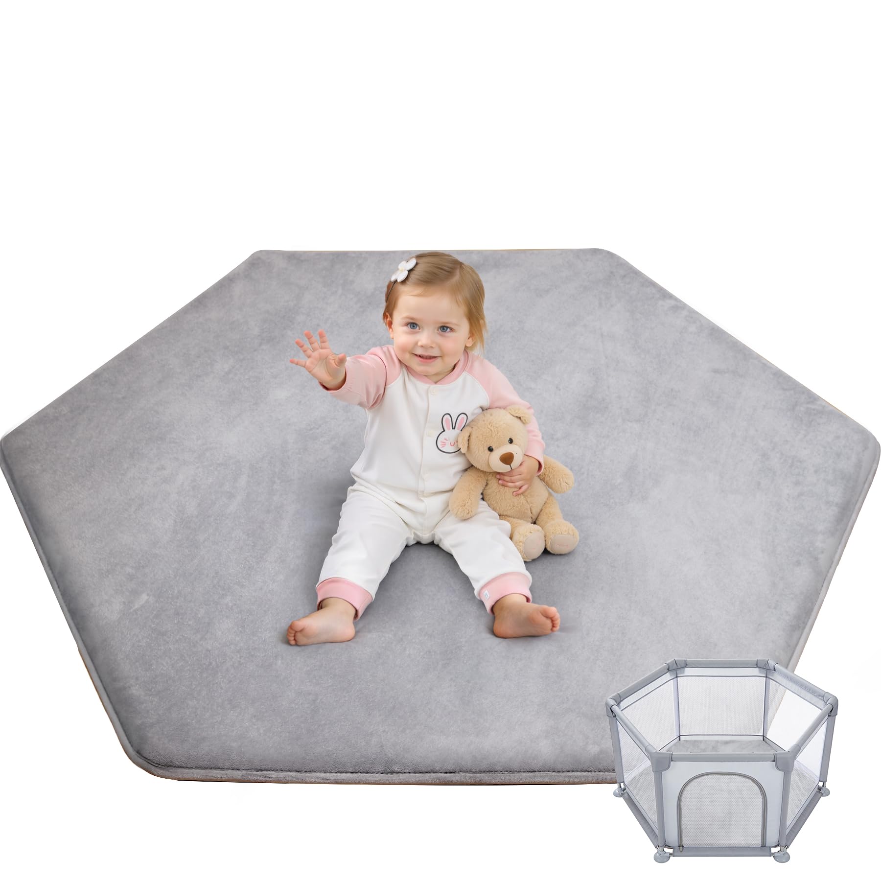 Thick Hexagon Playpen Mat,65x56 Inch Baby Play Mat for Floor,Soft Support & Plush Feel Foam Mats Play Tent Mats for Infant,Kids,and Toddler Crawling,Non-Slip Back for Indoor Playhouses(Light Grey) Image