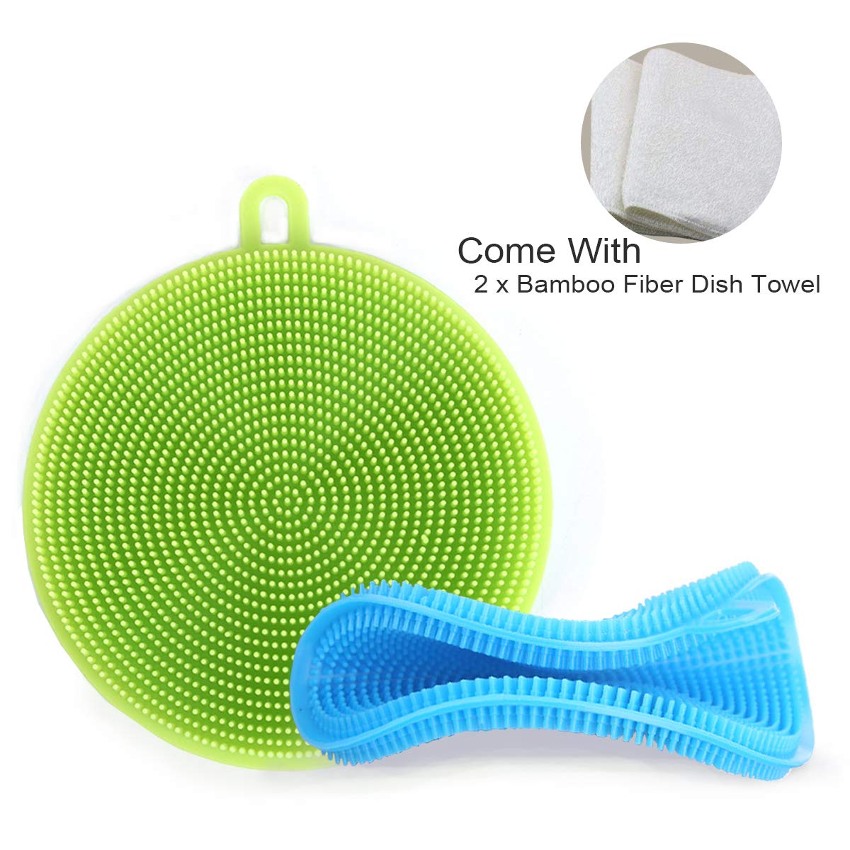 Silicone Sponge, WanJi Multipurpose Cleaning Brush: Scrubber Pad for Body&Face, Dish Washing Sponge for Glassware, Dinner Plates, Non-stick Pan, Fruit and Vegetables, Bonus 2 Dish Cloth Towel - Blue&G