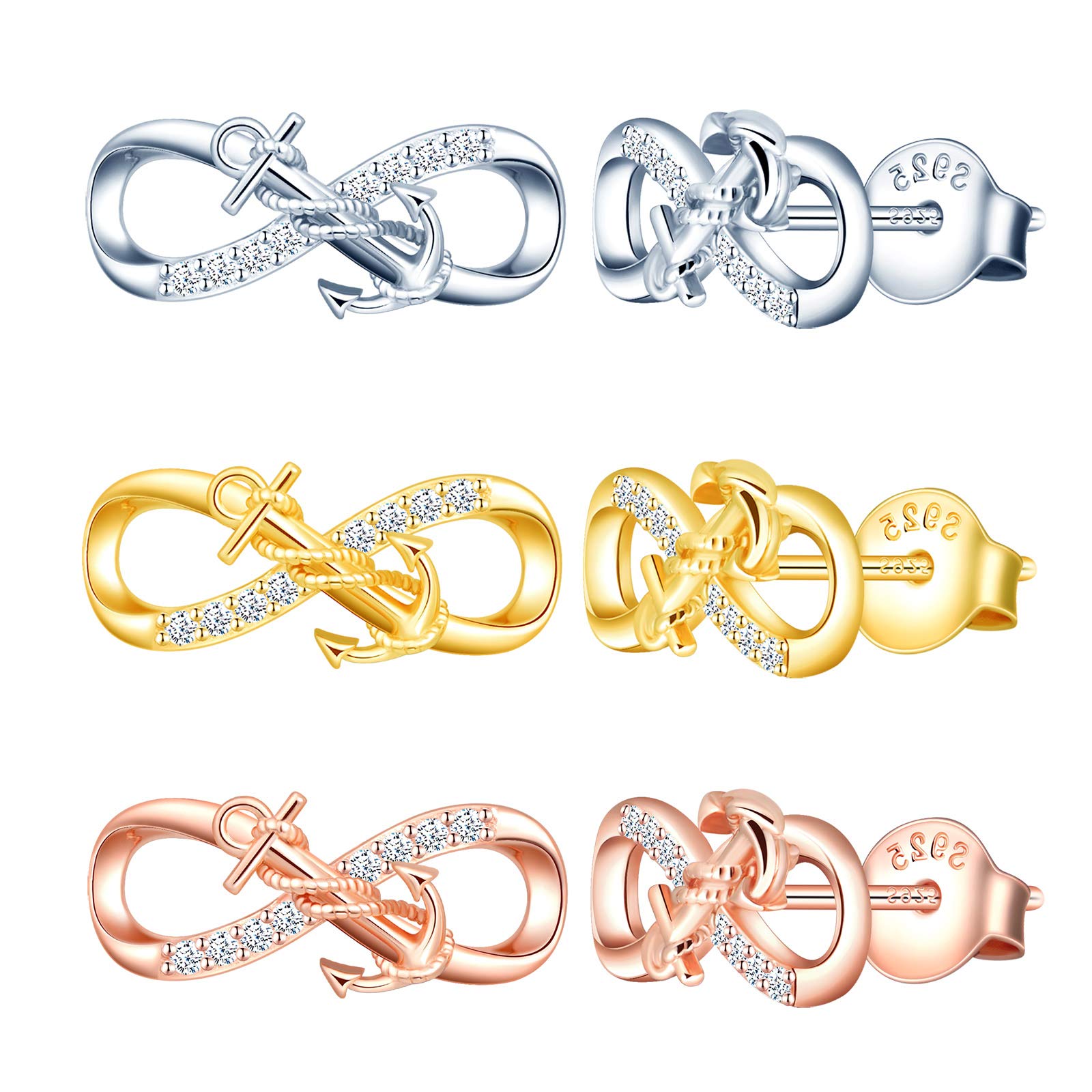 MicLee Woman's girl's Earrings, 925 Sterling silver anchor earrings, Mini infinity symbol earrings studs, Inlaid zircon, silver, rose gold, gold