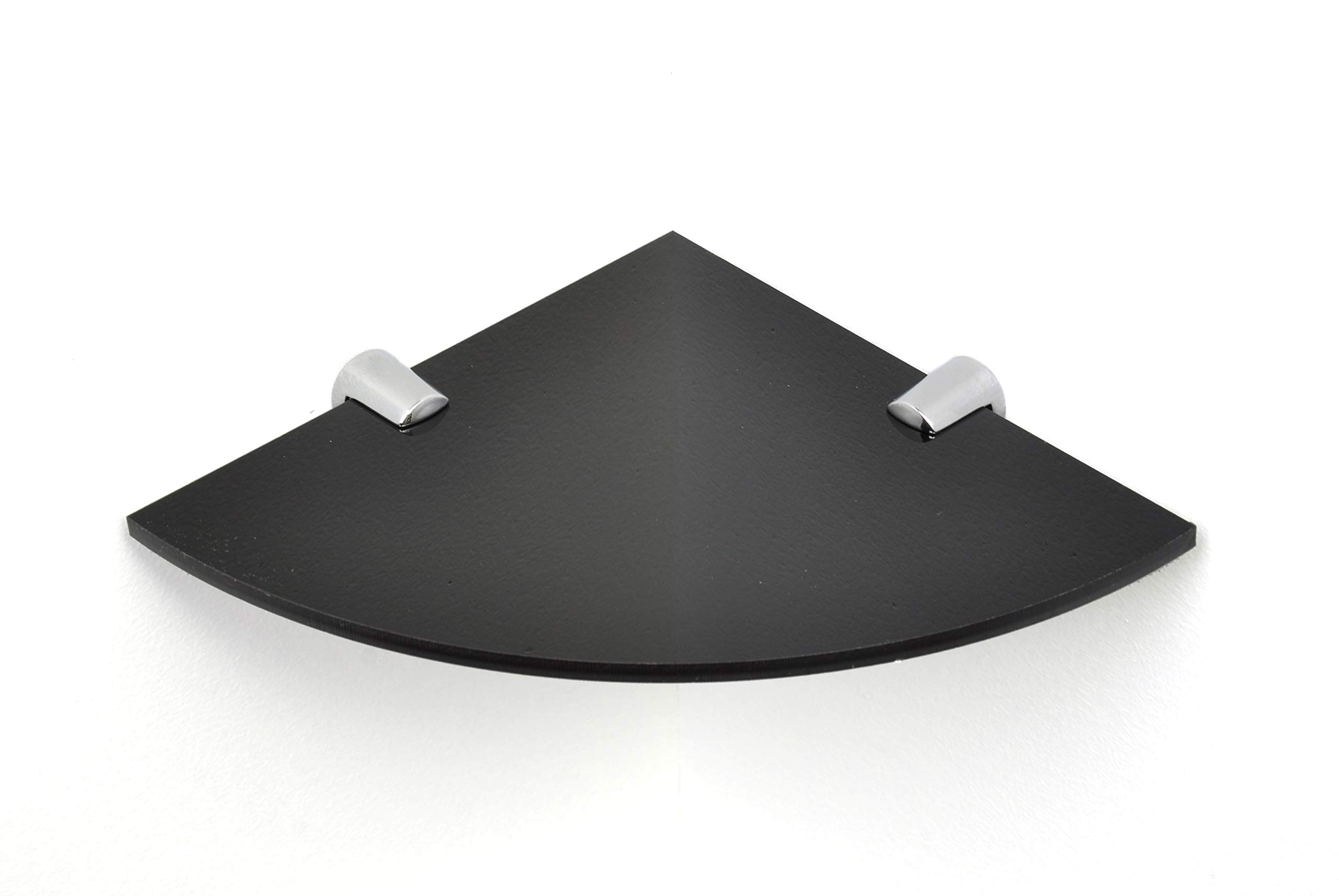 BSM Marketing Wall Mounted Floating Acrylic Corner Shelf with Chrome Supports available in Clear, Black and White (Black, 180mm x 180mm)