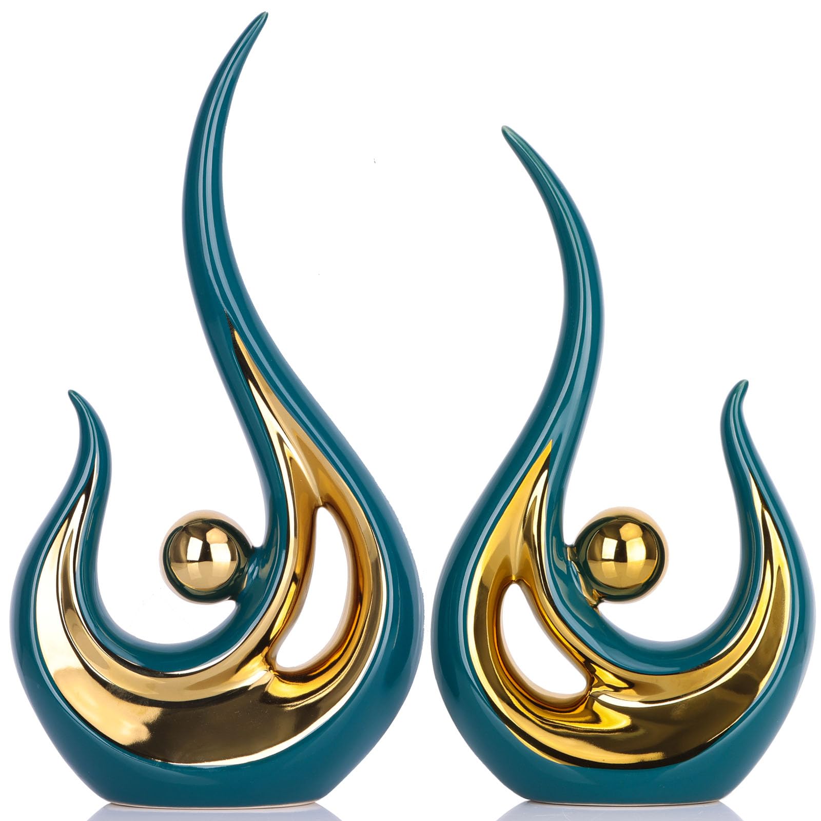XMGZQ Teal Home Decor,Green and Gold Couple Sculpture,Green Ceramic Statues,Teal Modern Abstract Art Ceramic Statue, Decoration for Living Room, Coffee Table Centerpiece Great Gift Idea…