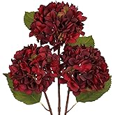 Hollyone 3Pcs Dark Red Hydrangea Artificial Flowers Faux Dried Touch Hydrangeas Silk Flowers with Stems Fake Fall Florals Flower for Home Wedding Table Centerpiece Vase Arrangements Fall Decorations