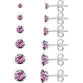 6 Pairs Stud Earrings Set, Hypoallergenic Cubic Zirconia 316L Earrings Stainless Steel CZ Earrings 3-8mm (Steel color)