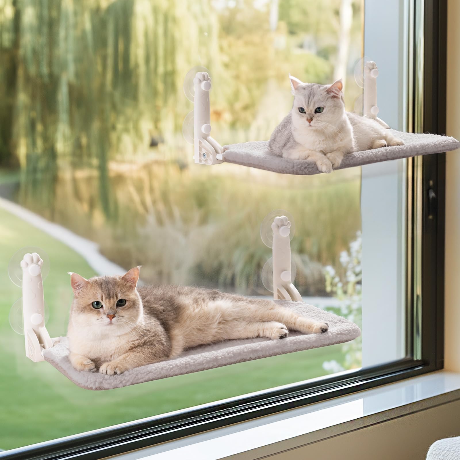 Photo 1 of Mewoo 2PC Cat Window Perch, Cordless Window Hammock with Steel Frame and Removable Soft Cover, Embeded Cat Seat with 4 Strong Suction Cups (Grey, 2 Pack)