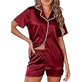 Ekouaer Womens Silk Satin Pajamas Set 2 Piece Pjs Short Sleeve Sleepwear Button Down Top and Shorts Loungewear S-XXL