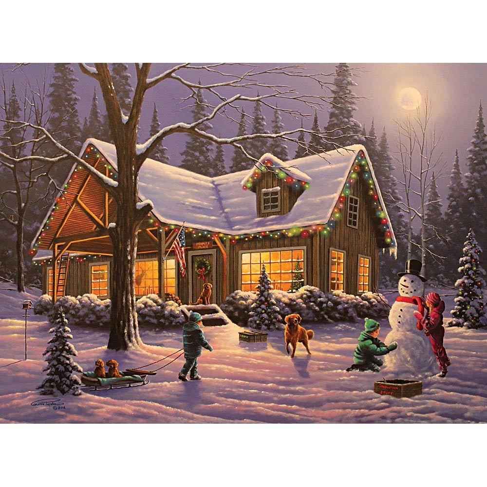 Bits and Pieces - 1000 Piece Glow in the Dark Puzzle - Family Traditions by Artist Geno Peoples - Winter Christmas Cabin - Holiday - 1000 pc Glow Jigsaw