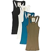 Zenana Outfitters 4 Pack Womens Basic Ribbed Racerback Tank Top (Small, Charcoal, Mocha, White, Jade)