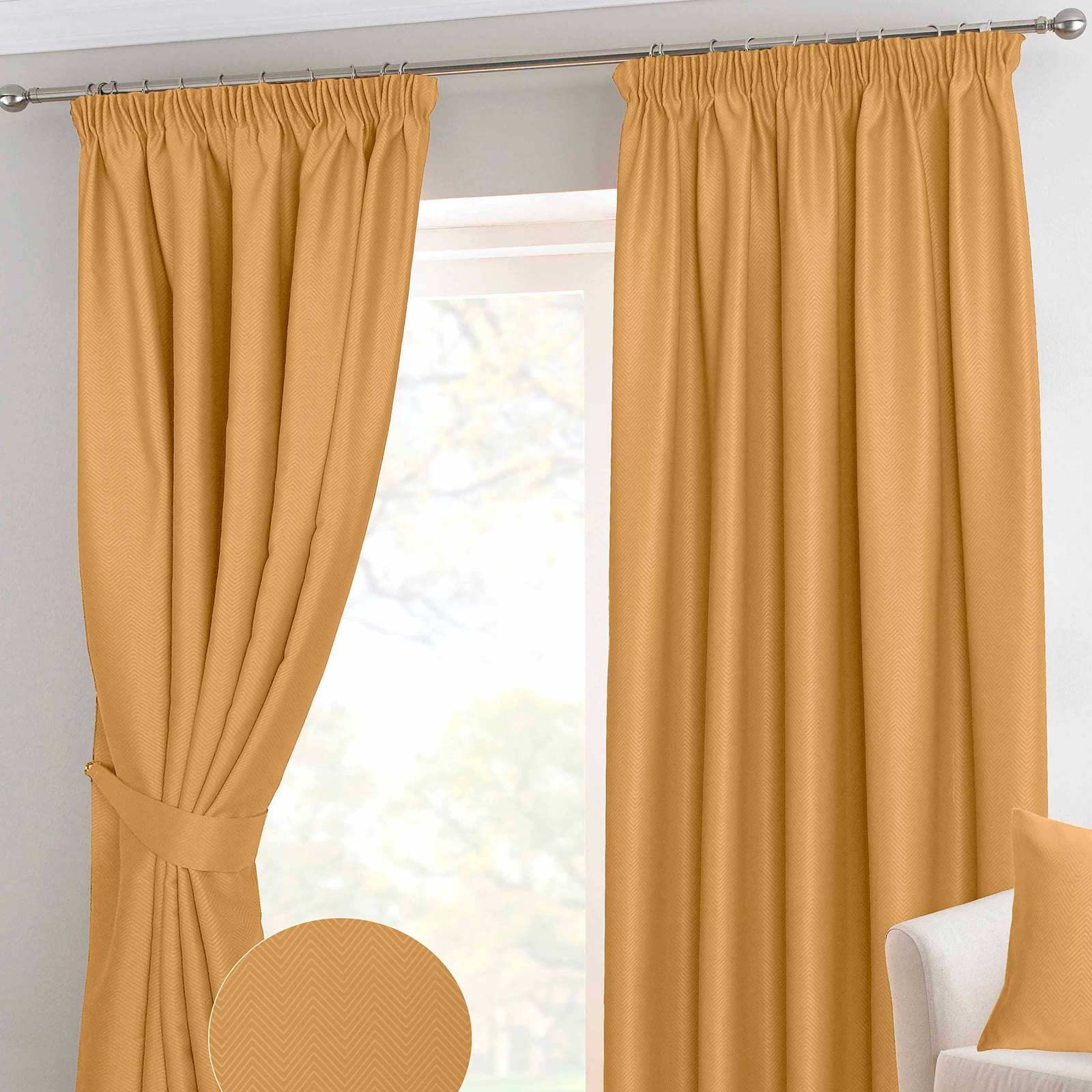 HOMESCAPES Mustard Yellow Pencil Pleat Blackout Thermal Curtain Pair Width 117cm (46") x 182cm (72") Drop Herringbone Chevron Textured Retro Geometric Design. FREE SWATCHES.