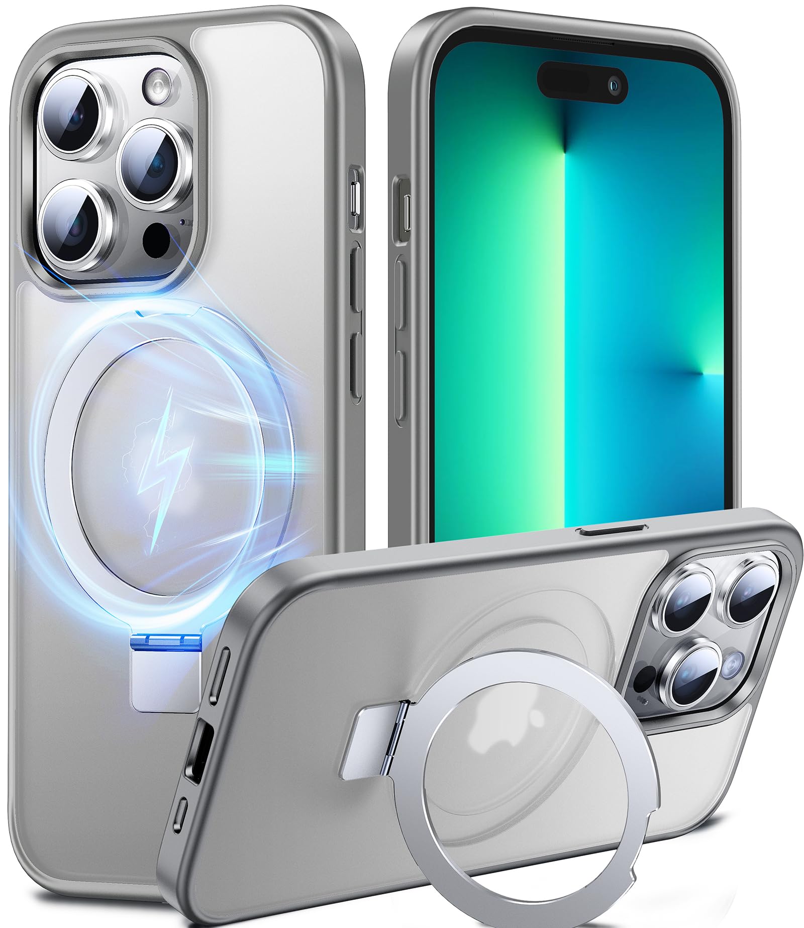 Chicfun 3-in-1 [Magnetic+KickStand+Ring Holder] Compatible with MagSafe, for iPhone 13 Pro Case with Stand Military Shockproof Protective Magnetic.for iPhone 13 Pro Case,Grey — image 1