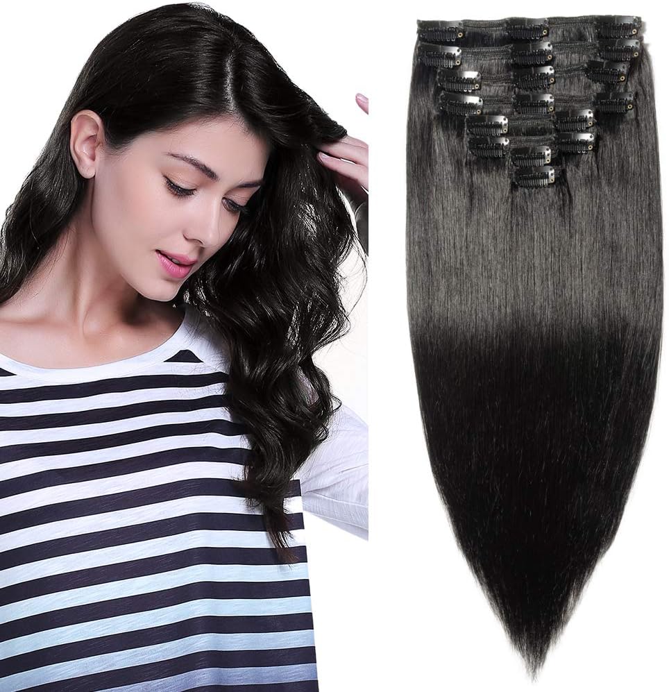 Elailite Extensiones de Clip de Pelo Natural Cabello Humano Remy [Doble Volumen] - 45cm #01 Negro Oscuro 8 Piezas Pelo Grueso