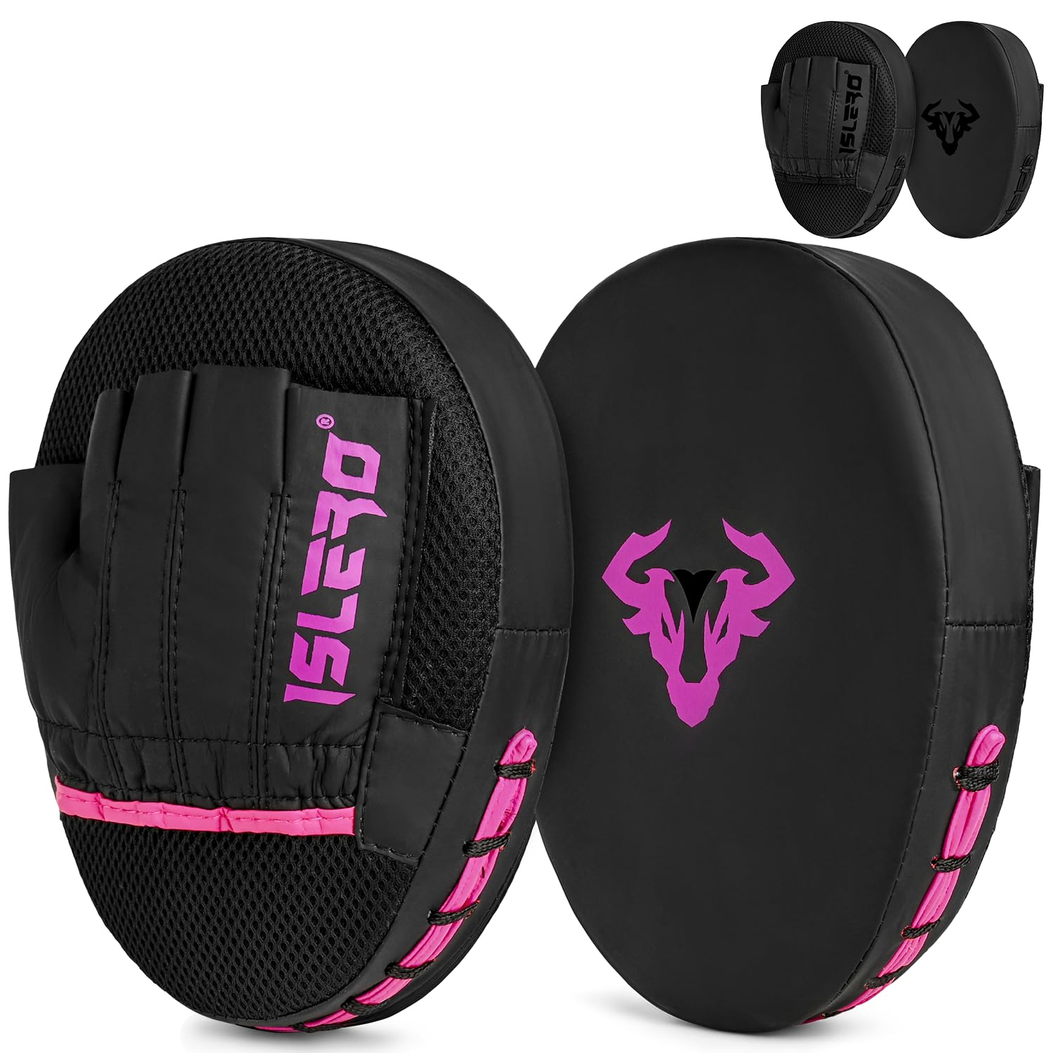 Islero Fitness Matte Black Boxing Pads Men focus Mitts Punching Women MMA Muay Thai Martial Arts KickBoxing Hook and jab Hand Target Strike Shield Training Pads (Pink)