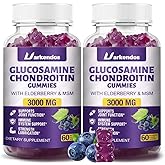 Uarkendos 2 Packs 3000MG Glucosamine Chondroitin Gummies with MSM & Elderberry Extra Strength - Joint Support, Antioxidant Immune Support Supplement for Adults, Men & Women - 120 Blueberry Gummies