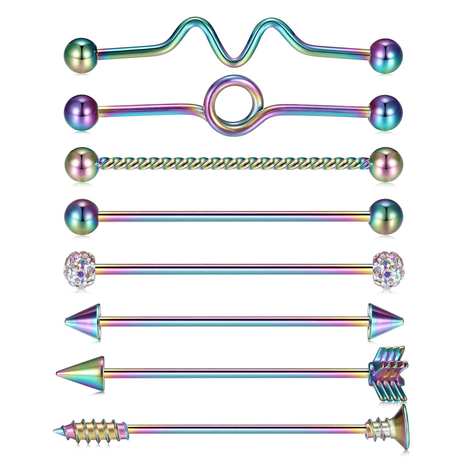 Kzslive 14G 8 PCS Industrial Barbell Jewellery Surgical Steel for Women Men Cartilage Earring Body Piercing 1 1/2 Inch 38mm Rainbow
