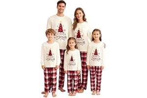 Awoscut Christmas Family Matching Pajamas Sets Christmas PJ's Letter Print Top and Plaid Pants Jammies Sleepwear