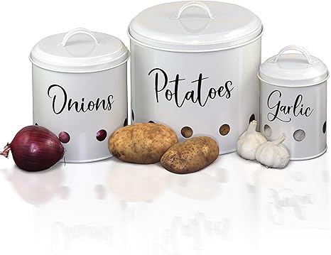 Amazon Com Home Acre Designs Collection Onion Storage Potato Storage Garlic Keeper Farmhouse Kitchen Decor Set Of 3 Canister Sets For Kitchen Counter Pantry Storage Onion Keeper Potato Bin Kitchen Counter Decor Kitchen Dining amazon com