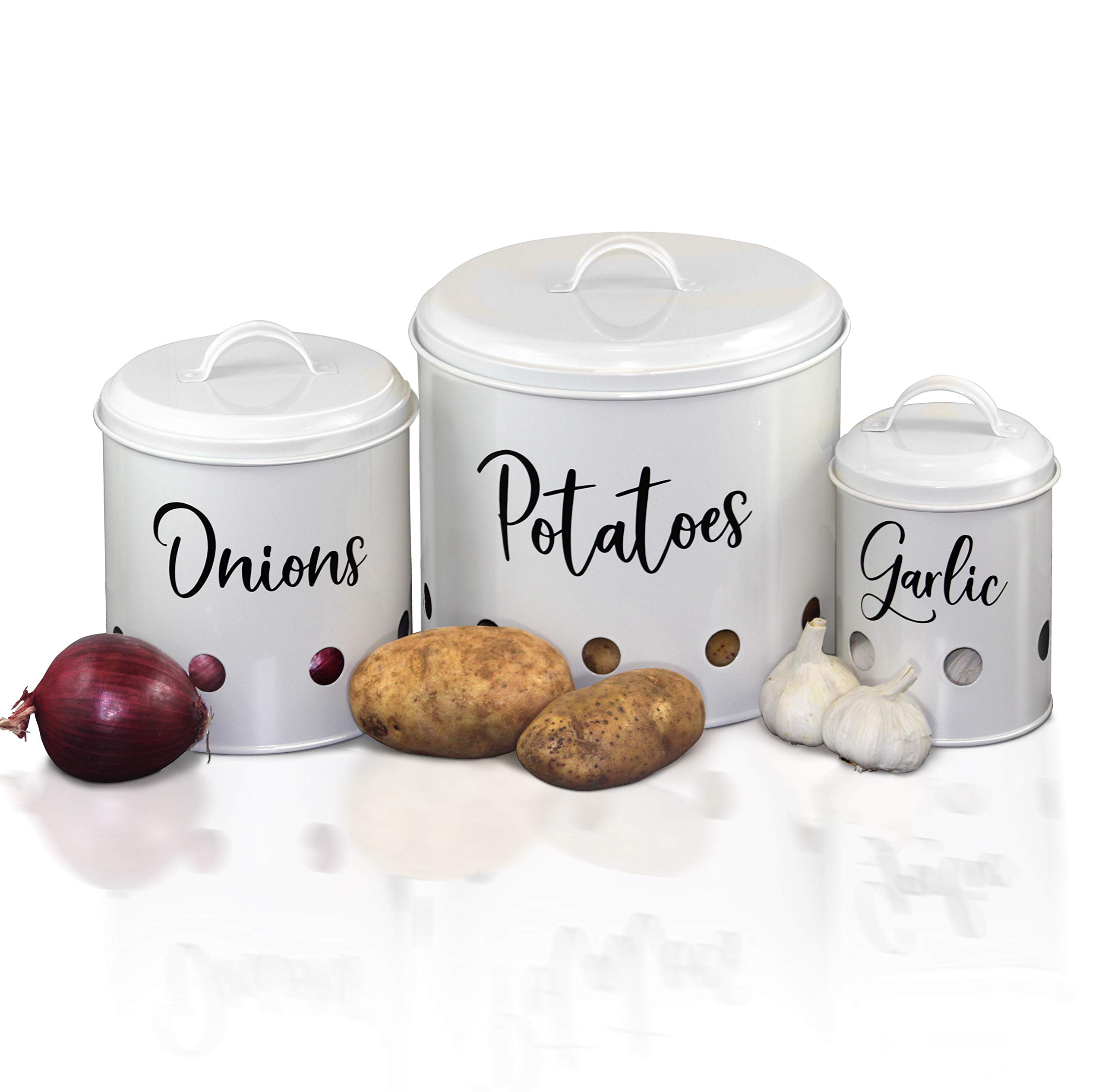 Home Acre Designs Collection-Onion Storage-Potato Storage-Garlic Keeper-Farmhouse Kitchen Decor-Set Of 3-Canister Sets for Kitchen Counter-Pantry Storage-Onion Keeper-Potato Bin-Kitchen Counter Decor