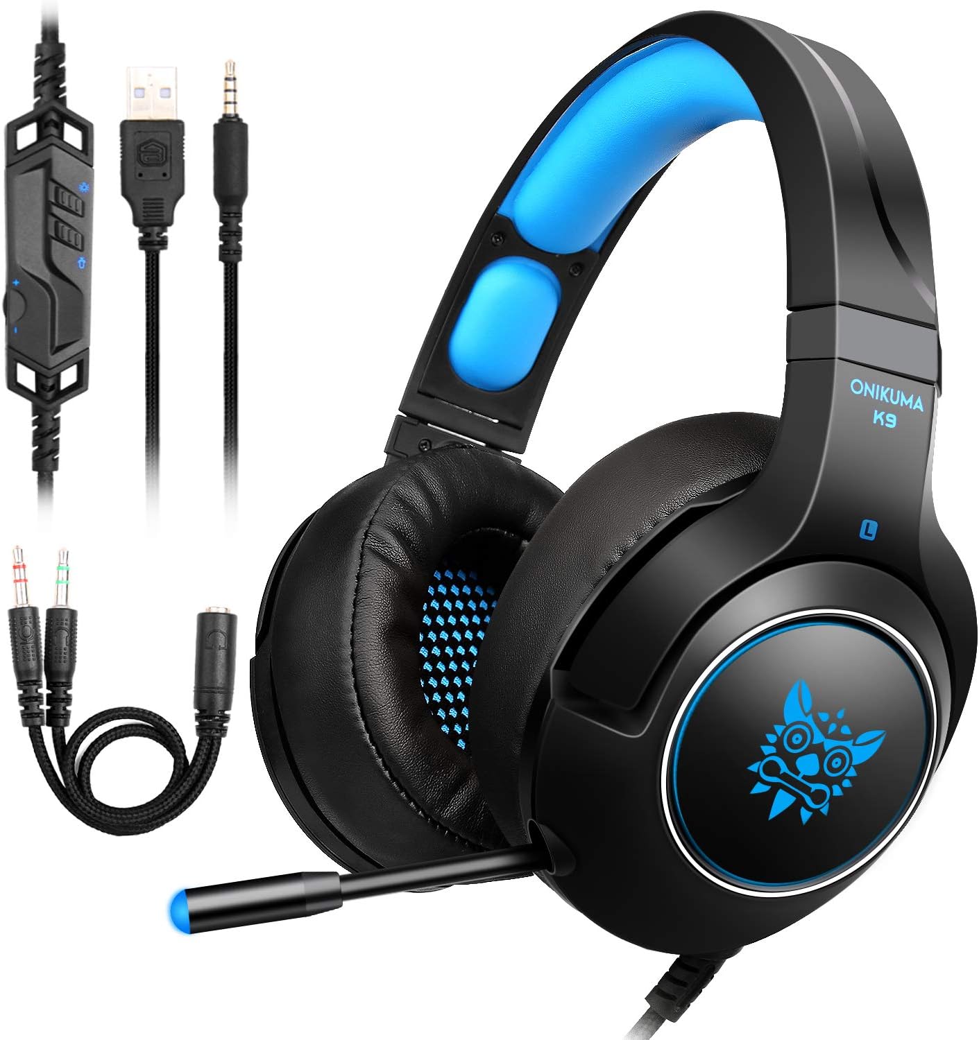 Gaming Headset PS4 ,Tenswall PC Headphone for Xbox One,PC,Switch,PS4,Tablet,Mobile with LED Light Mic, 3.5mm jack Over-Ear stereo with Noise Canceling and Volume Control-Blue