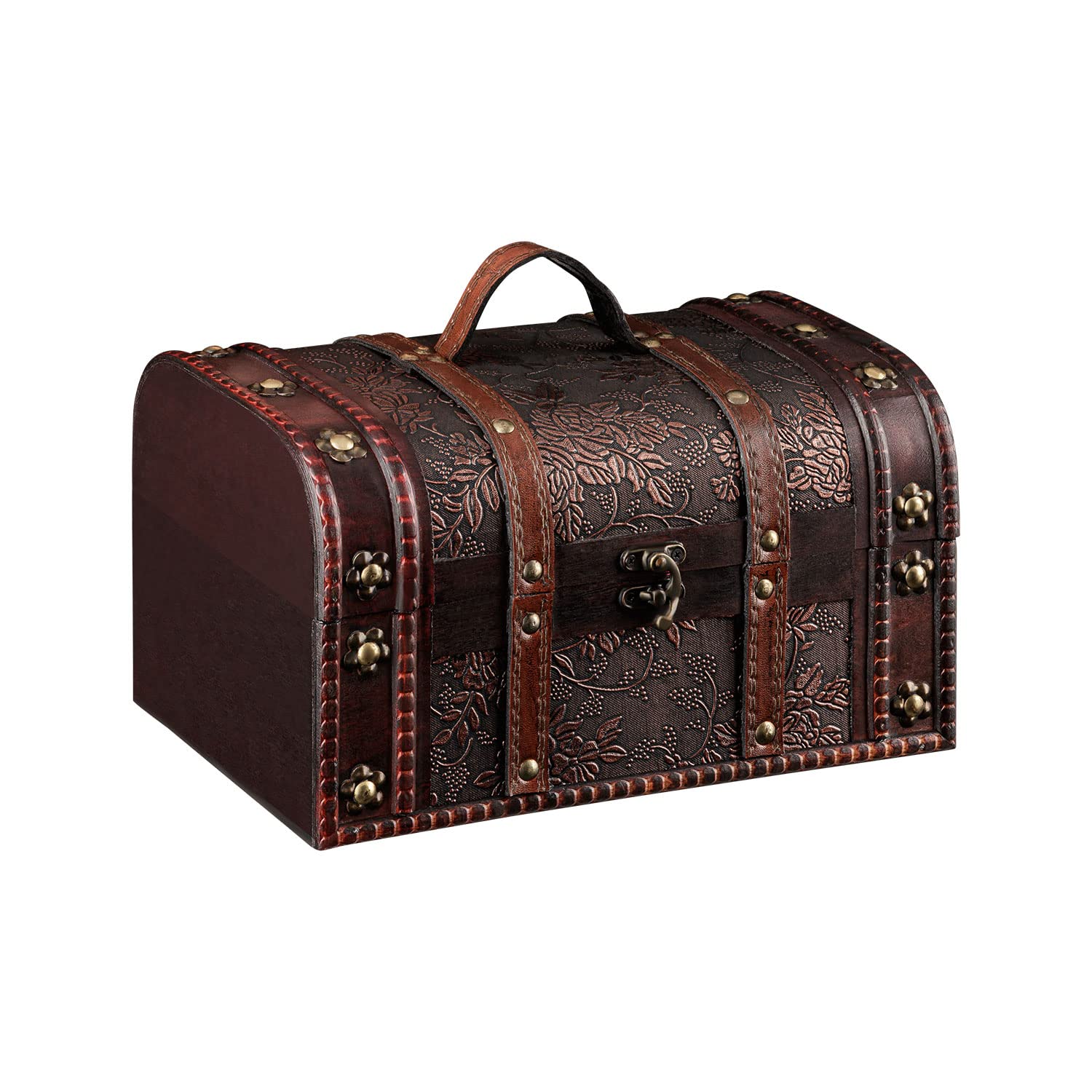 1PLUS Treasure Chest Wooden Box With Faux Leather (L x D x H) 28 x 17 x 16 cm, Brown
