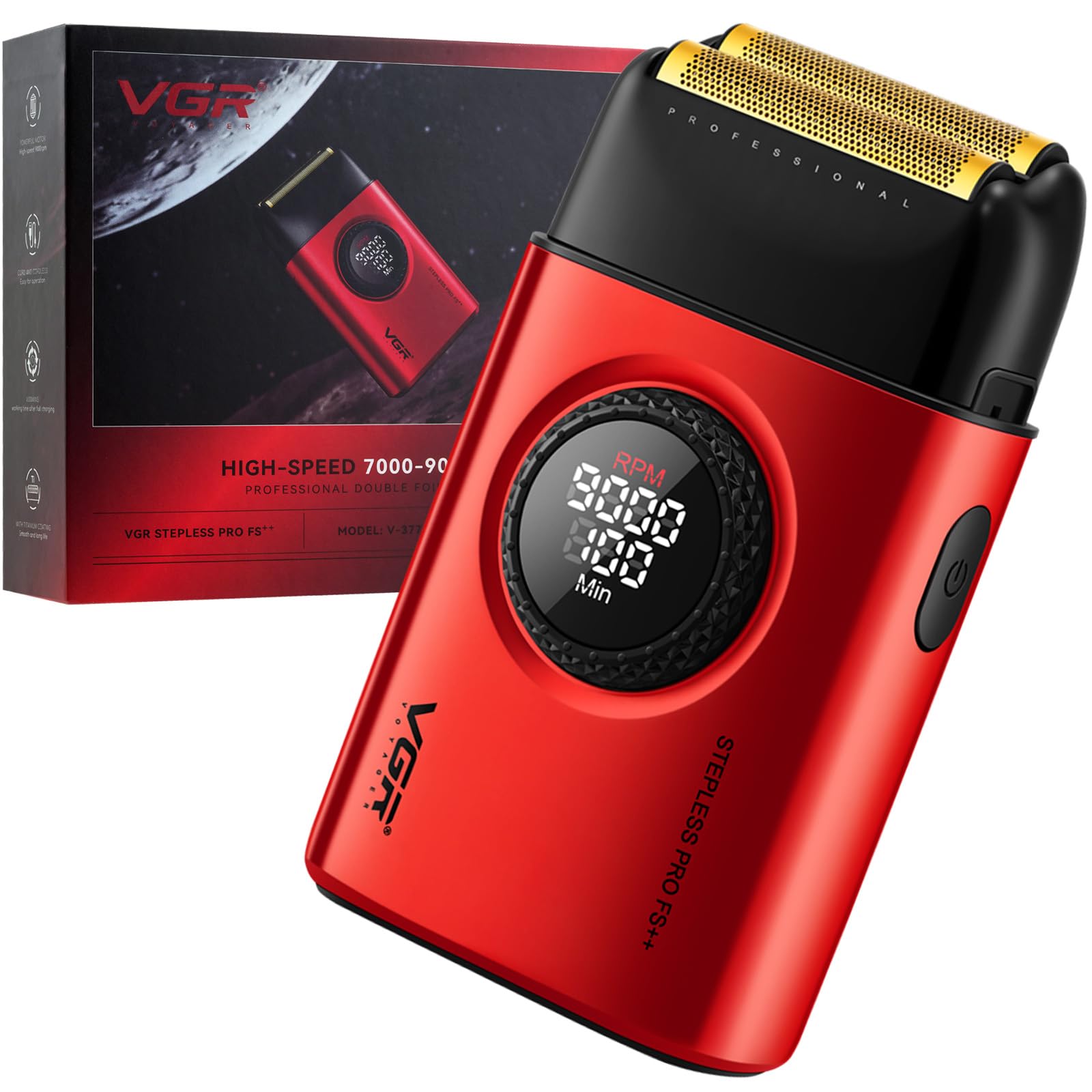 Photo 1 of VGR 377 Foil Shaver for Men, Electric Razor for Shaving Face with Double Foil, 21-Speed 9000 RPM Motor Bald Shavers LED Display Titanium Foils, Barber Supplies (Red), Men's Gifts