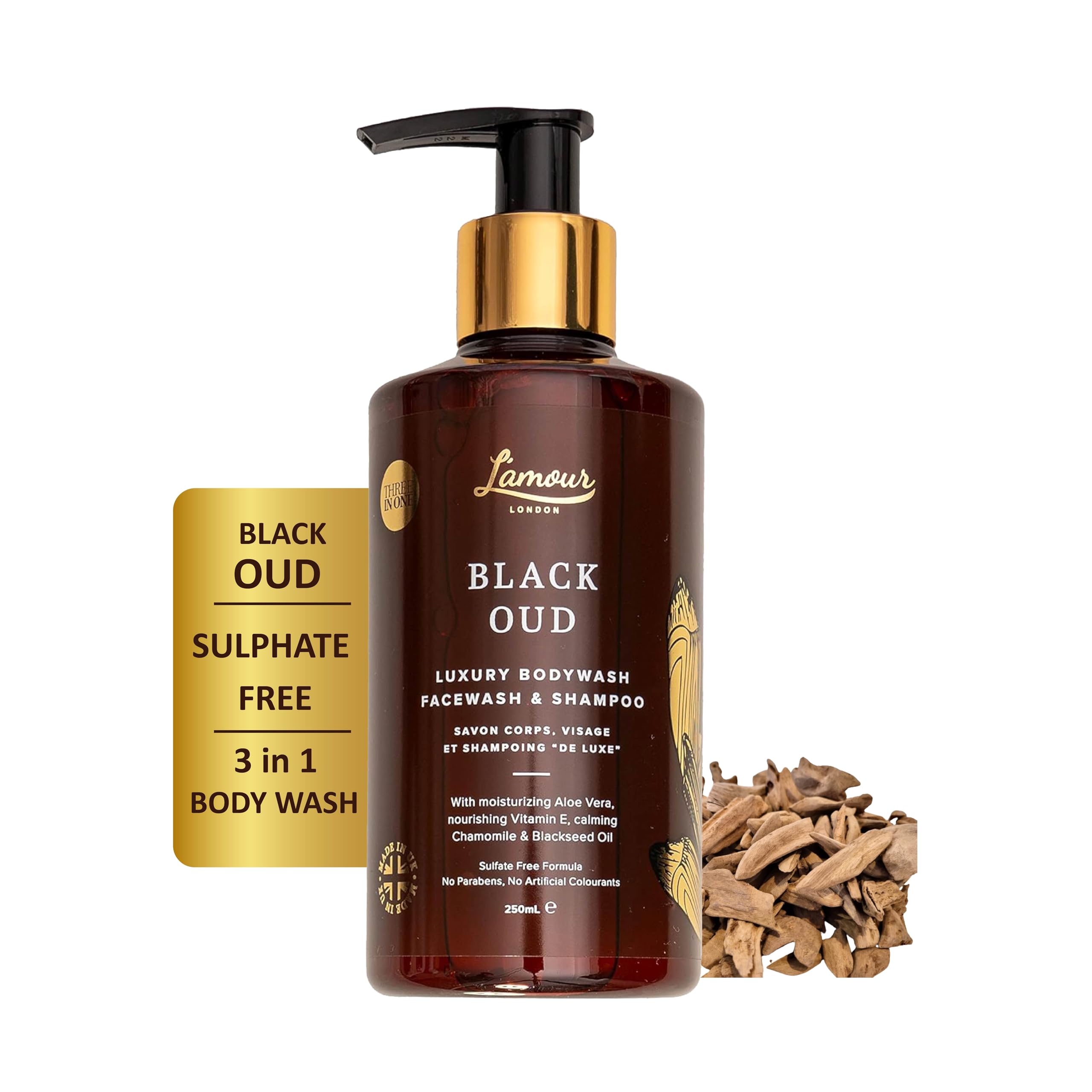 L'amour Natural | Black Oud | Luxury Face Wash, Body Wash & Shampoo | Essential Oils | Sulphate Free | Gentle for dry and sensitive skin | 250mL
