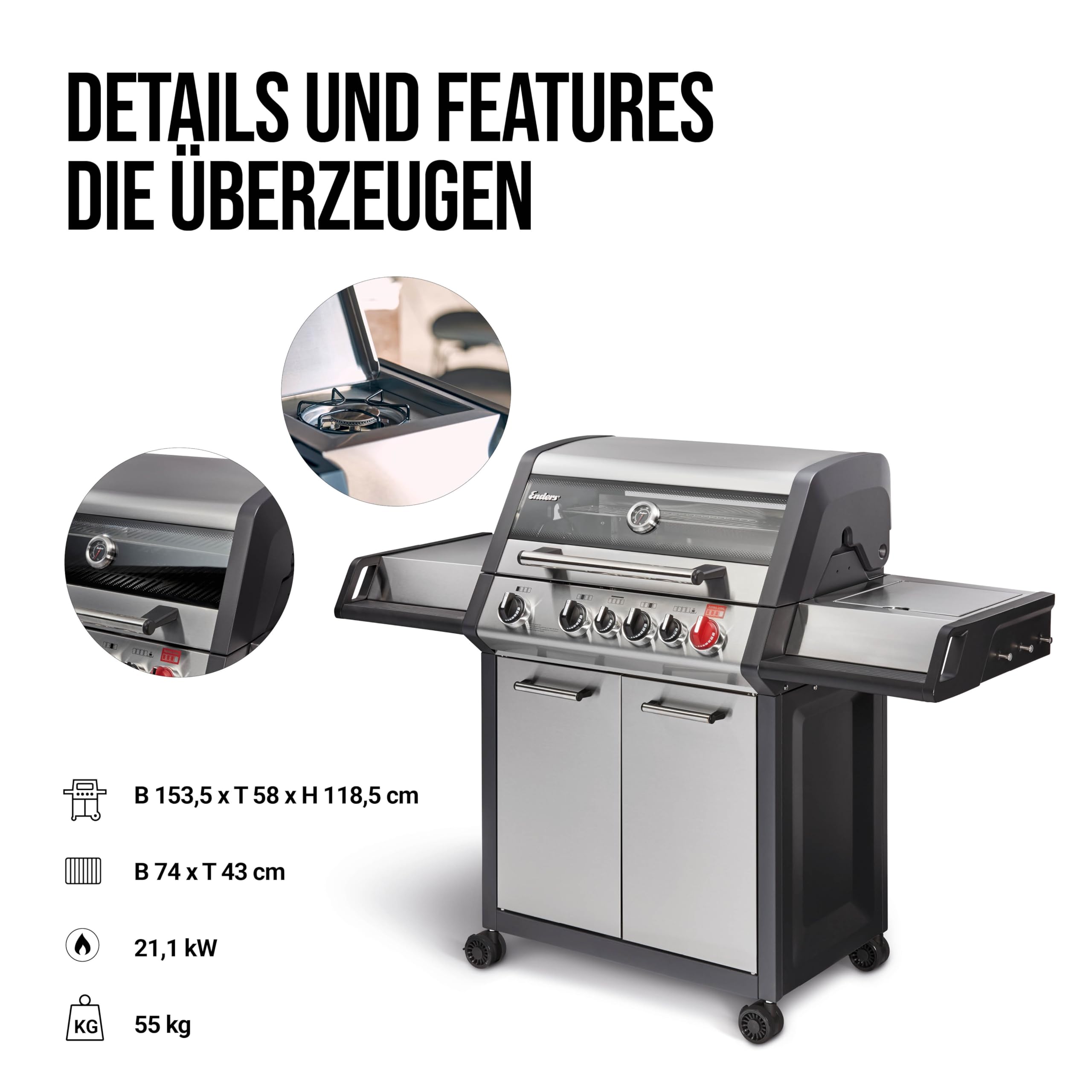 Enders® Gasgrill MONROE PRO 4 SIK TURBO, 4-Edelstahlbrenner, Seitenkocher, Infrarot-Backburner, PanoVision Sicht, HEAT RANGE™-Brenner, SWITCH GRID™, 800 °C TURBO ZONE™, SIMPLE CLEAN™ #8378 5
