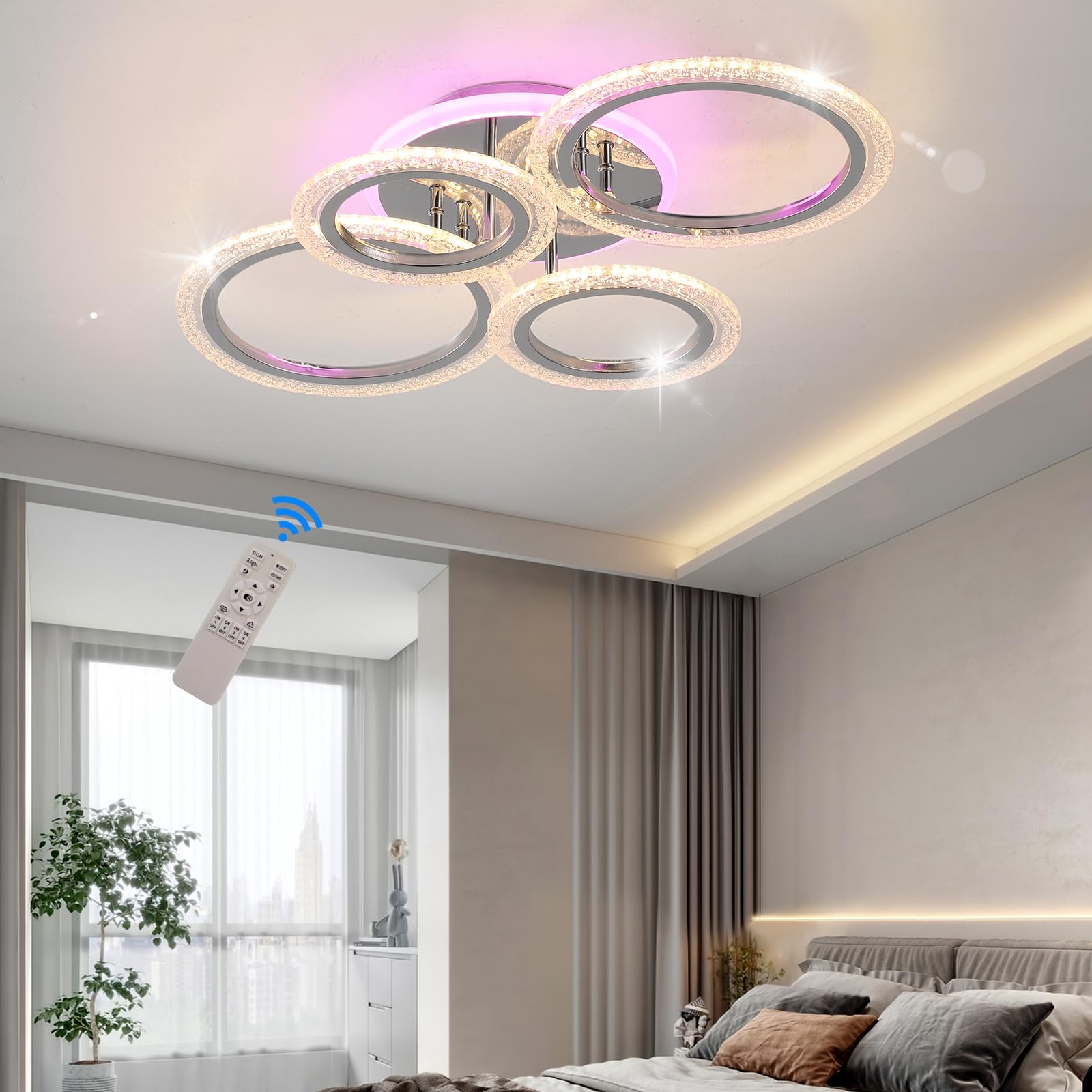 STCH LED Ceiling Lights 60W, Chandelier Bedroom Lights Ceiling 4 Rings with Remote, Light Fittings Ceilings, Dimmable 3000-6500K Ceiling Lamps，Chandeliers for Living Room Kitchen Office Home — image 1