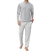 TeJoyce Mens Pajamas Set Cotton Long Sleeve Pjs Set with Stripes Pants Soft Comfy Lounge Men's Nightwear Set with Pockets