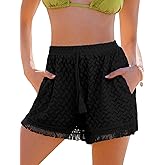 CUPSHE Women's Shorts Casual Crochet Swimsuit Cover Ups with Tassel Black L