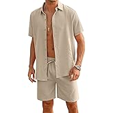 LecGee Linen Sets For Men Button Down Cuban Guayabera Shirt Shorts Set 2 Piece Linen Outfits